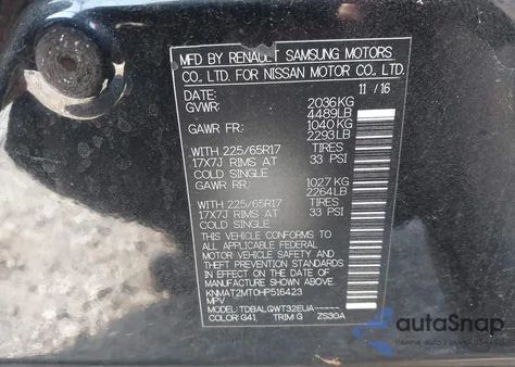 2017 Nissan Rogue Sv z USA, uszkodzony, nr VIN KNMAT2MT0HP516423